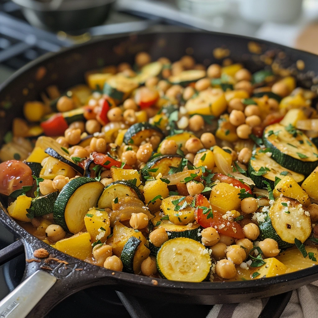 Cheesy Garlic Zucchini Chickpea Skillet Recipe